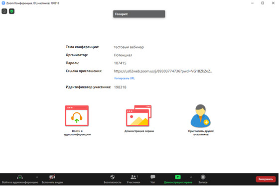 На этом этапе можно проверить звук или сразу войти с использованием звука компьютера. Вы попадете в вебинарную комнату.